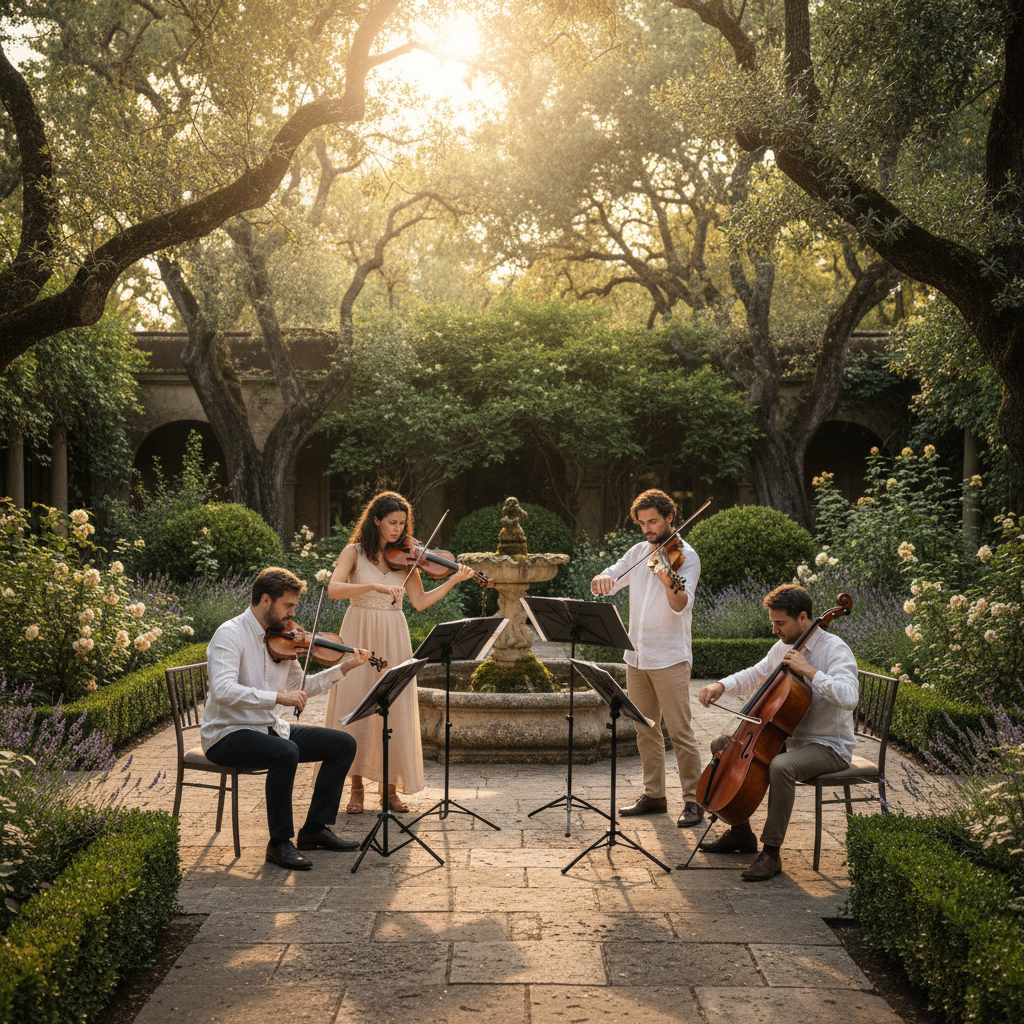 String quartet setting up in garden courtyard with late afternoon sunlight filtering through trees