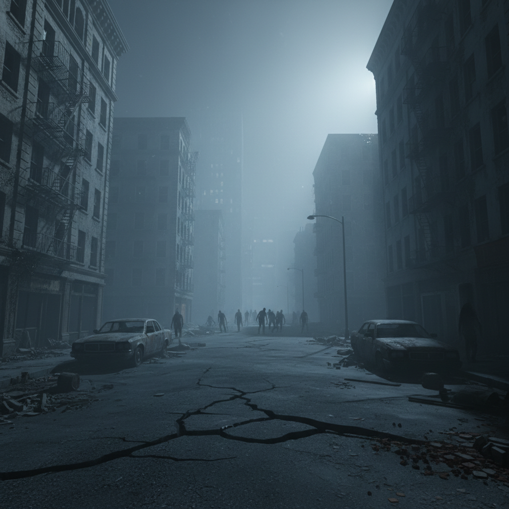 Horror maze game with dark atmospheric lighting and zombie silhouettes