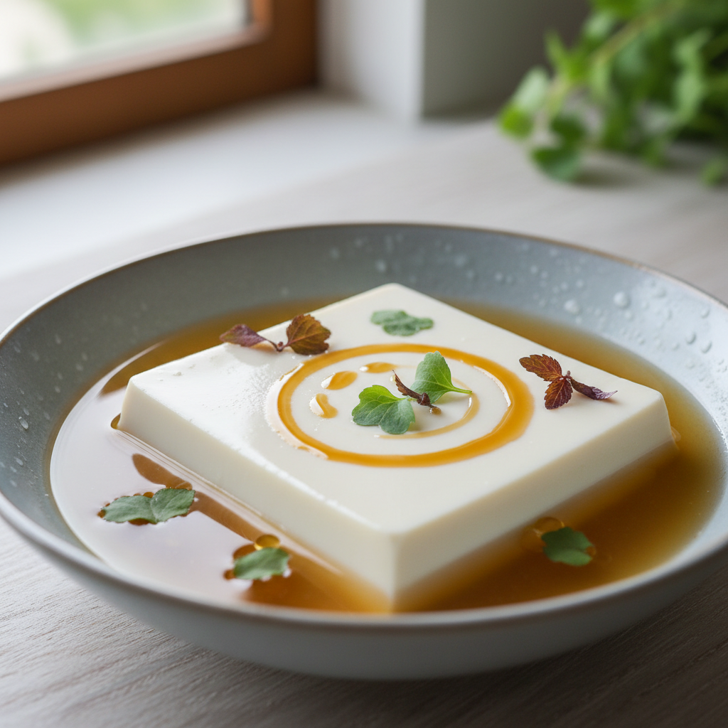 Silken white tofu in a shallow bowl with clear dashi broth, micro-shiso leaves, and a spiral of sesame oil on the surface