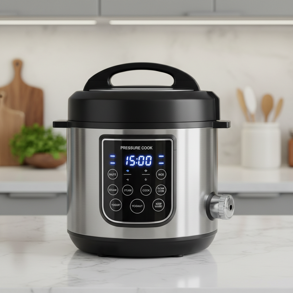 Stainless steel multi-cooker appliance on kitchen counter with control panel visible