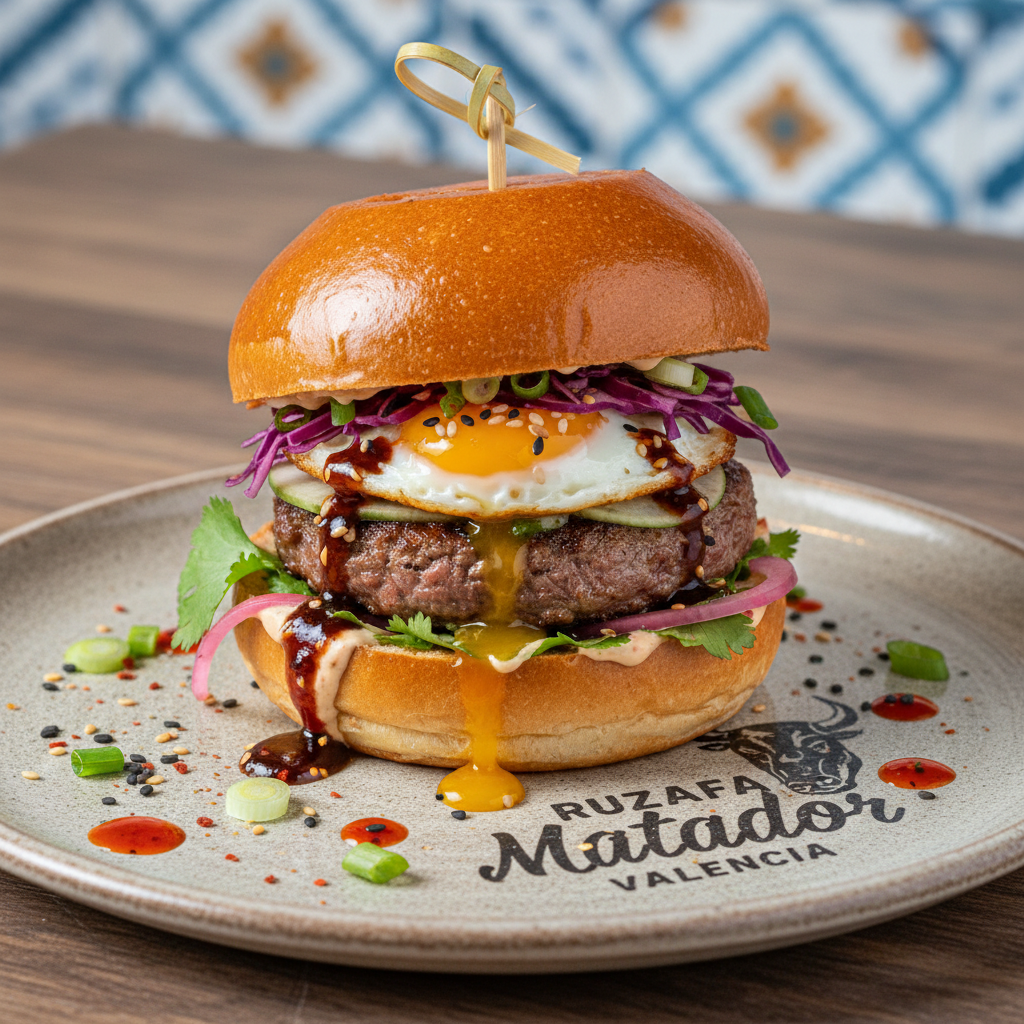 Teriyaki burger with pickled daikon and sesame seeds on dark plate, Japanese fusion style