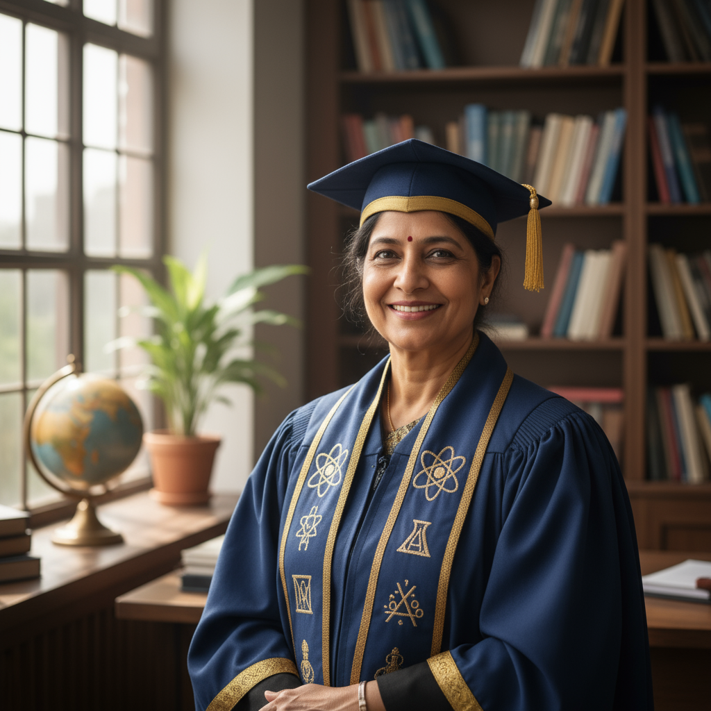 Indian woman educator in professional attire with warm confident smile in academic setting