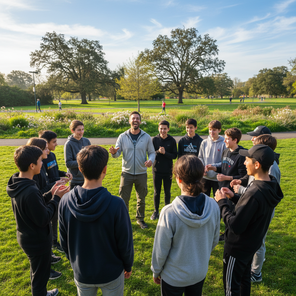 Marcus Trevino, skills coach, laughing with a group of teens outdoors