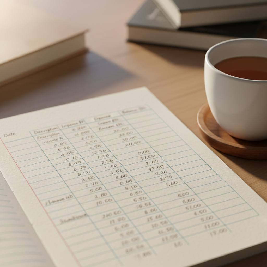 Open notebook with financial planning notes beside coffee cup in bright airy home office