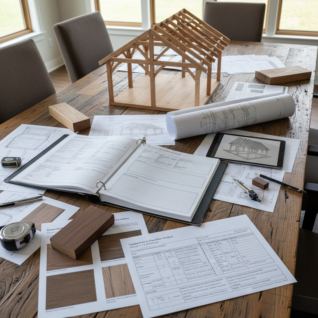 Architectural floor plan beside finish material samples including wood panels and tile swatches