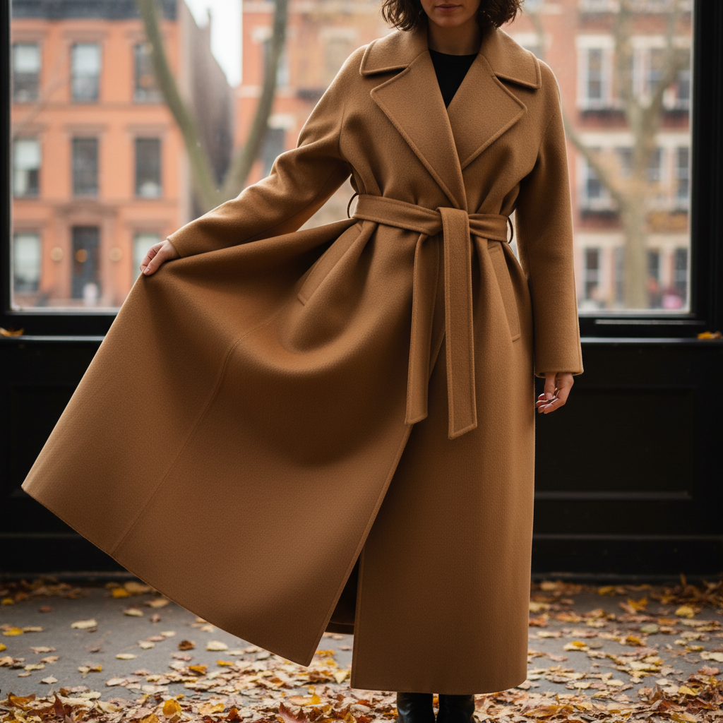 Woman in oversized camel wool coat, autumn street setting, warm lighting