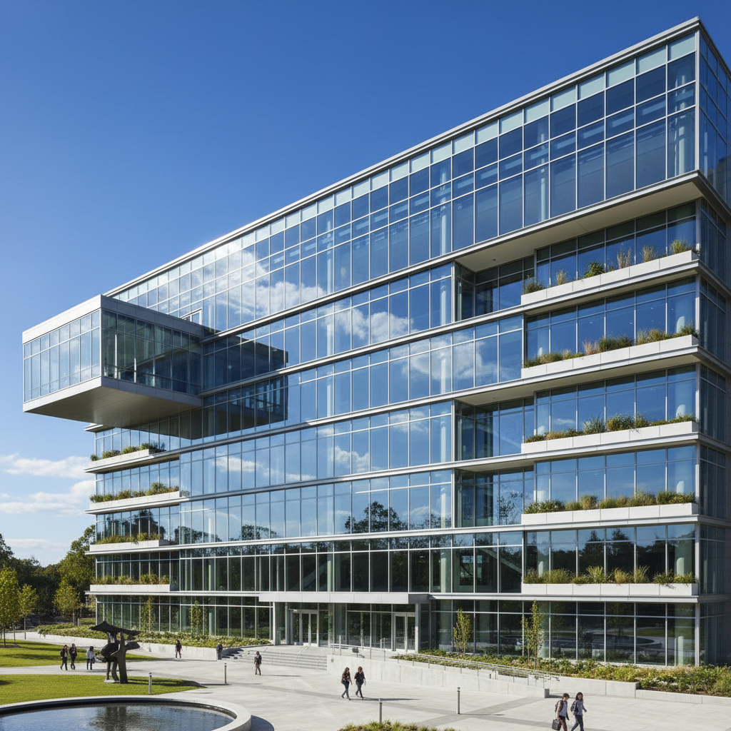 Modern school building exterior with clean architecture, well-maintained grounds, bright daytime, professional educational institution