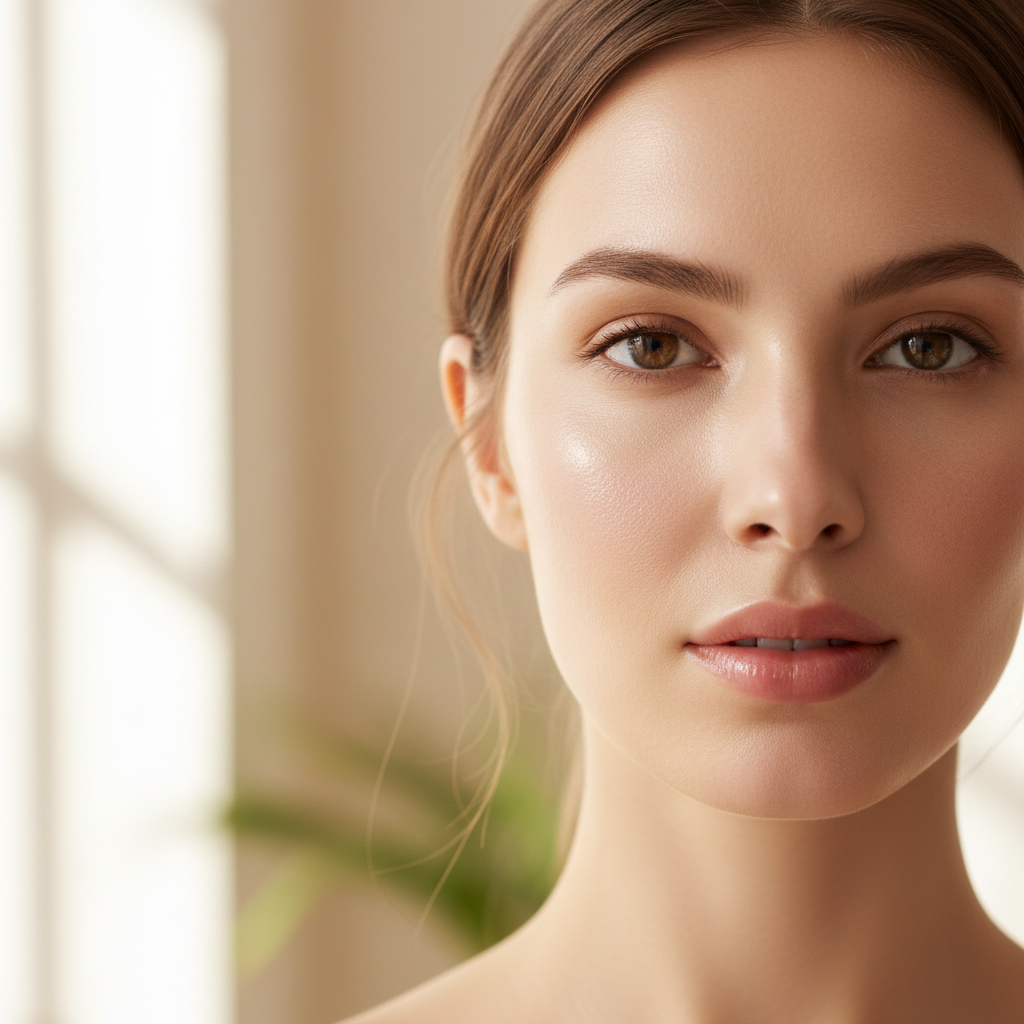 Woman with rosy blush makeup and glowing skin looking confidently at camera