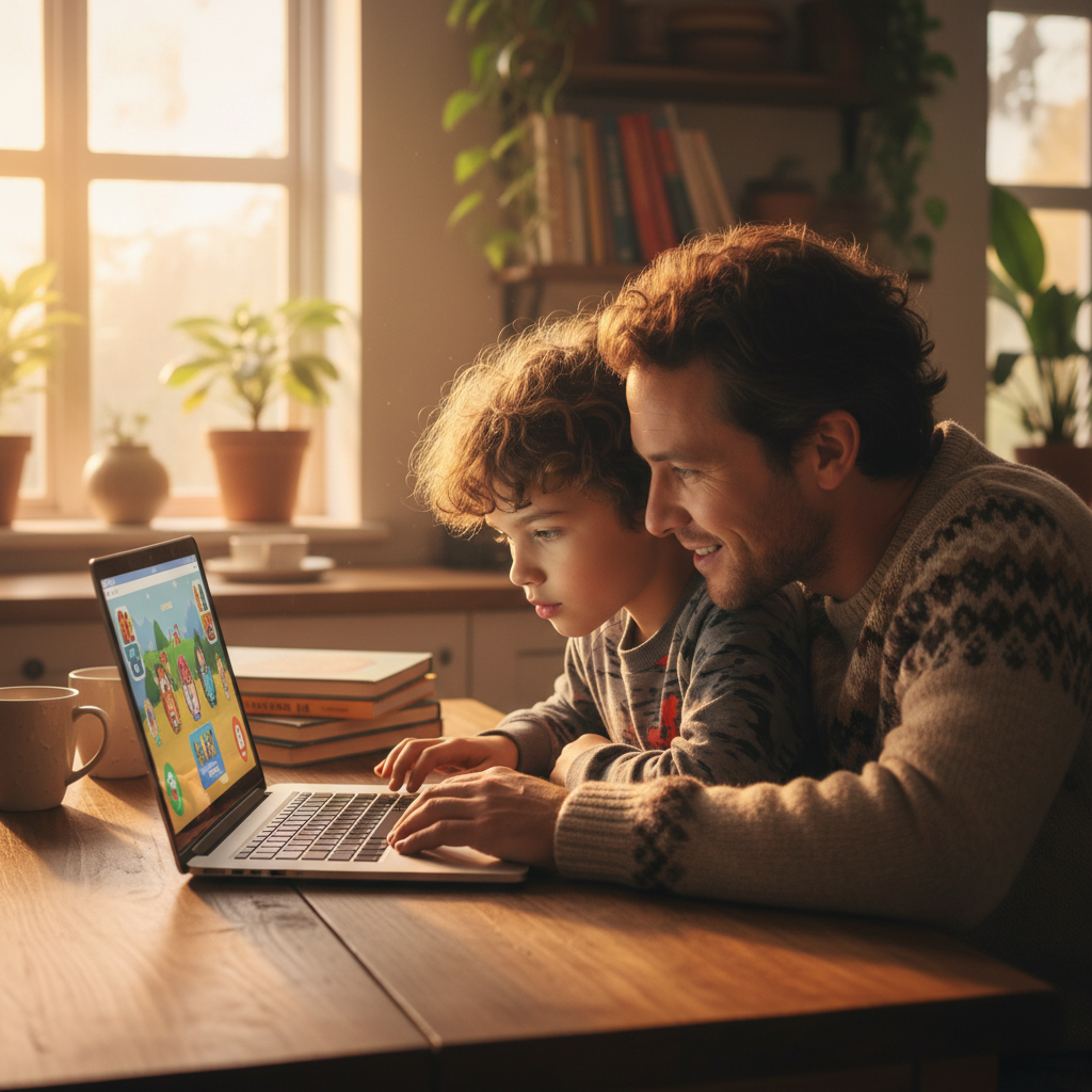 Parent and child working together on homework at a bright kitchen table with a laptop open