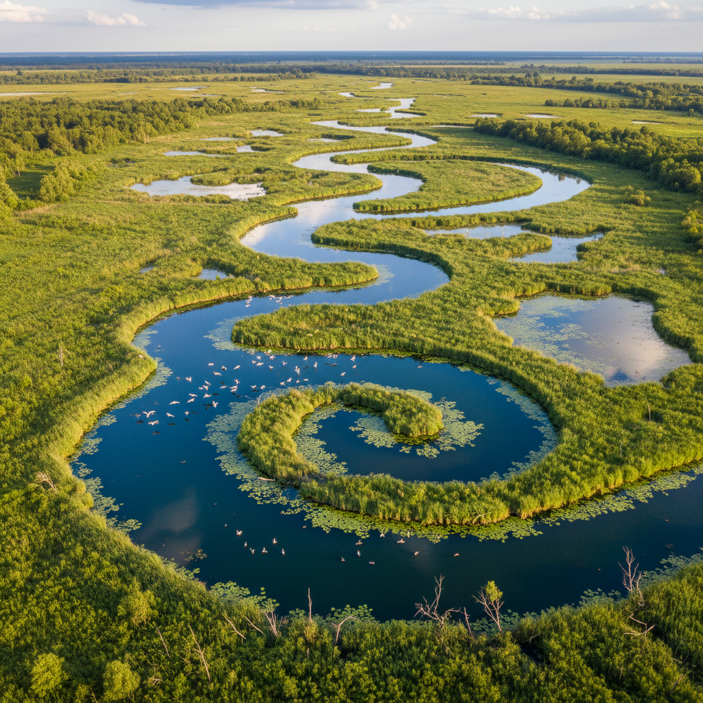 Danube Delta waterways with lush vegetation and diverse bird species