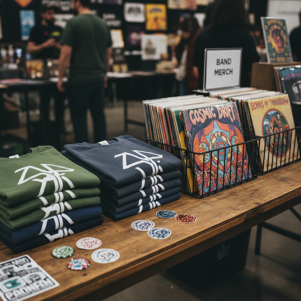 Merch table at a small show with t-shirts and vinyl stacked up