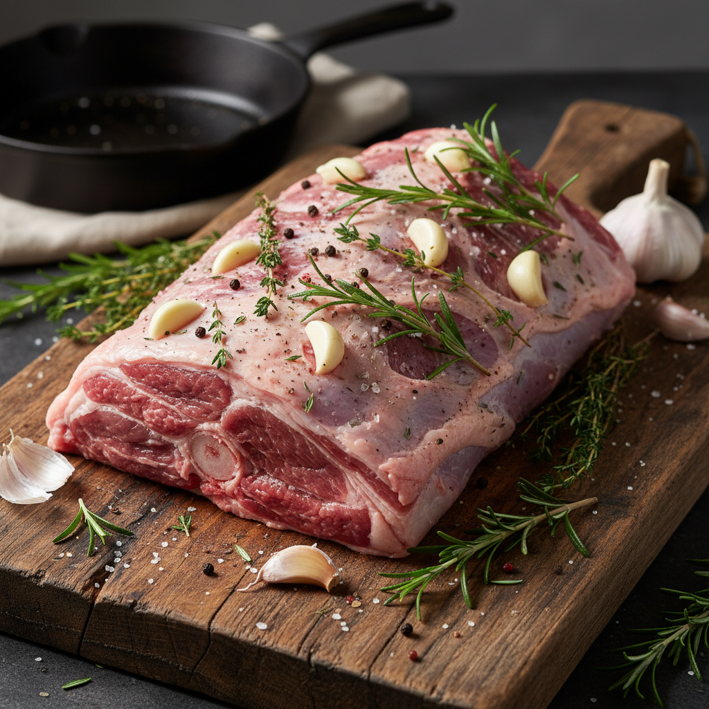Raw lamb shoulder with herbs and garlic ready for slow roasting