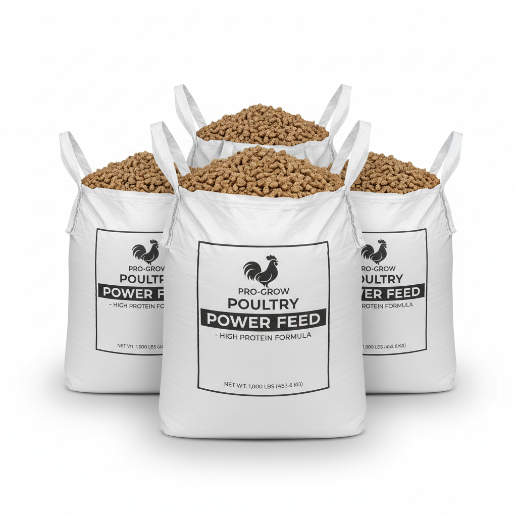 Bags of chicken feed pellets and grains for poultry farming