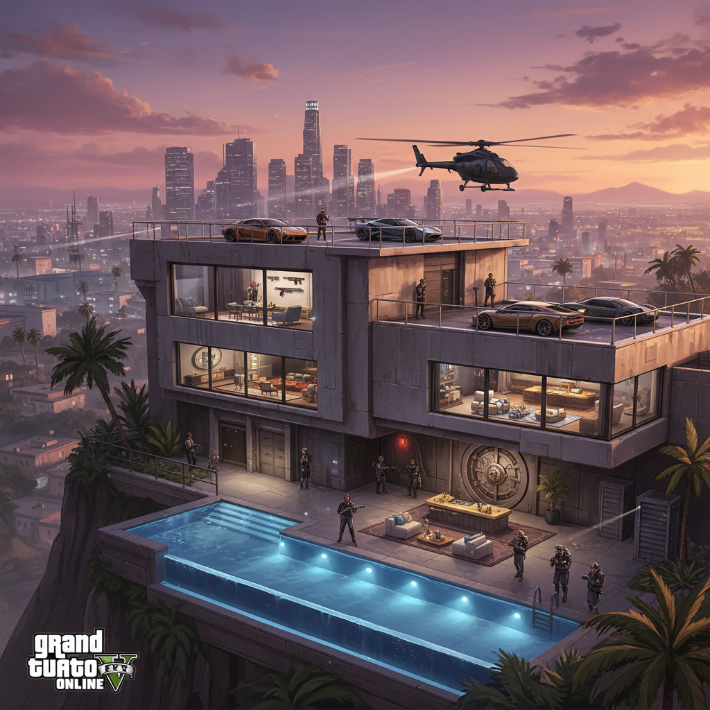 GTA Online cinematic artwork with luxury safehouse