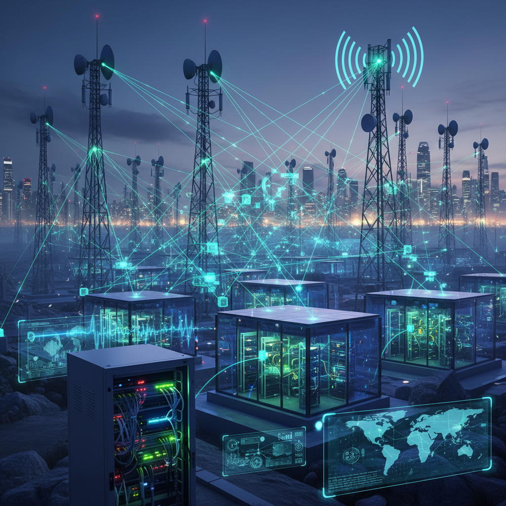 Smart city infrastructure wireframe overlay on urban landscape, dim atmospheric digital architecture visualization