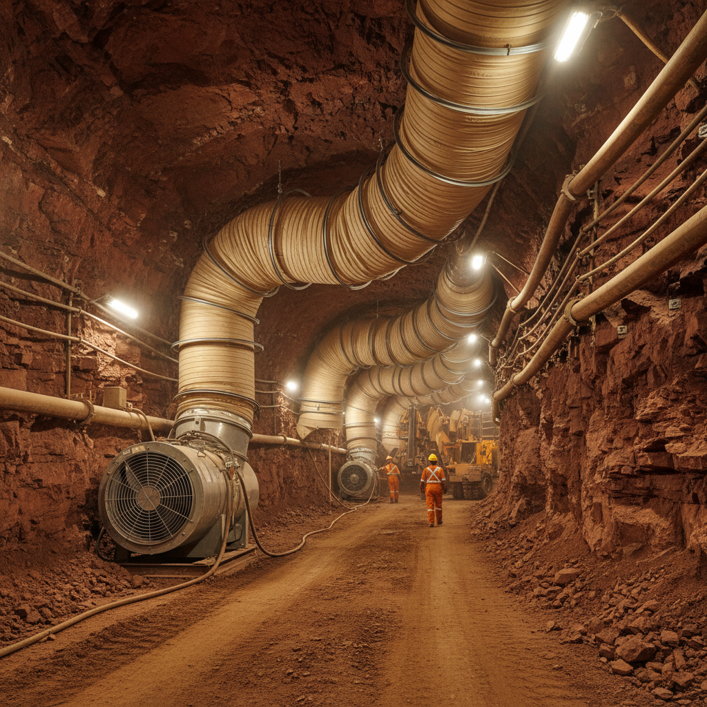 Iron ore mine development heading in Pilbara Western Australia showing auxiliary ventilation systems installed for rapid development advance