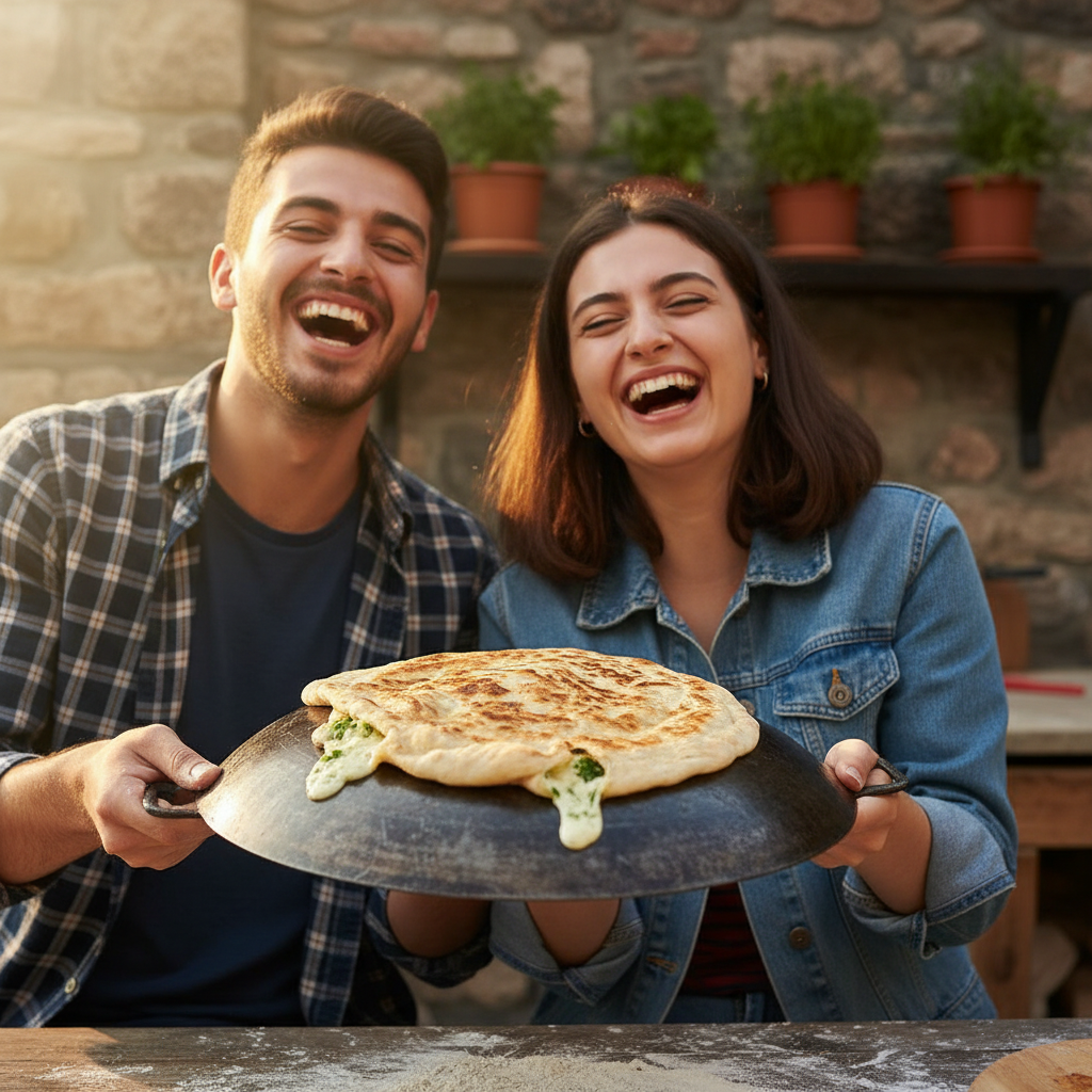 Two students laughing while holding up misshapen gözleme on a sac griddle