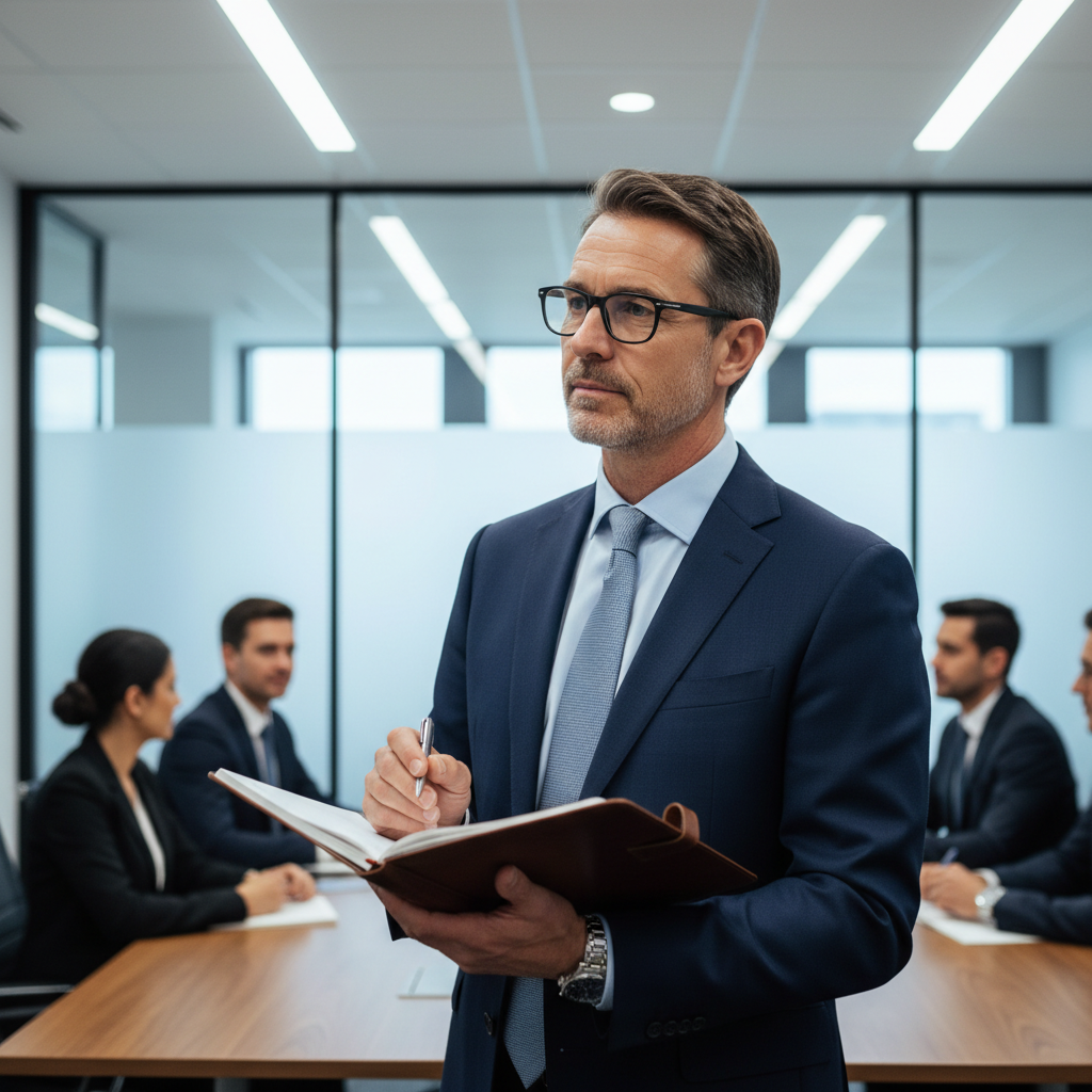 Middle-aged businessman with glasses in corporate environment