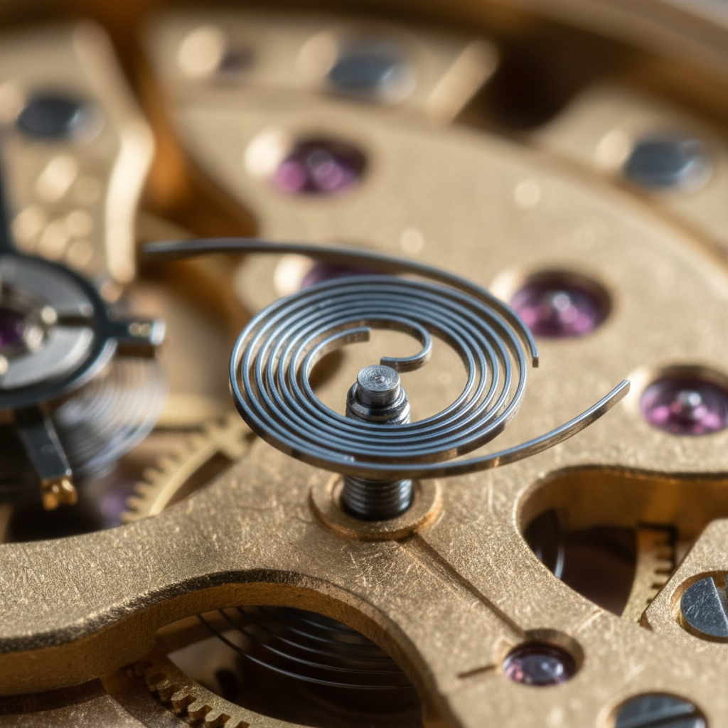 Extreme macro photograph of a hairspring coiled in a watch movement, steel catching light, background blurred to bokeh