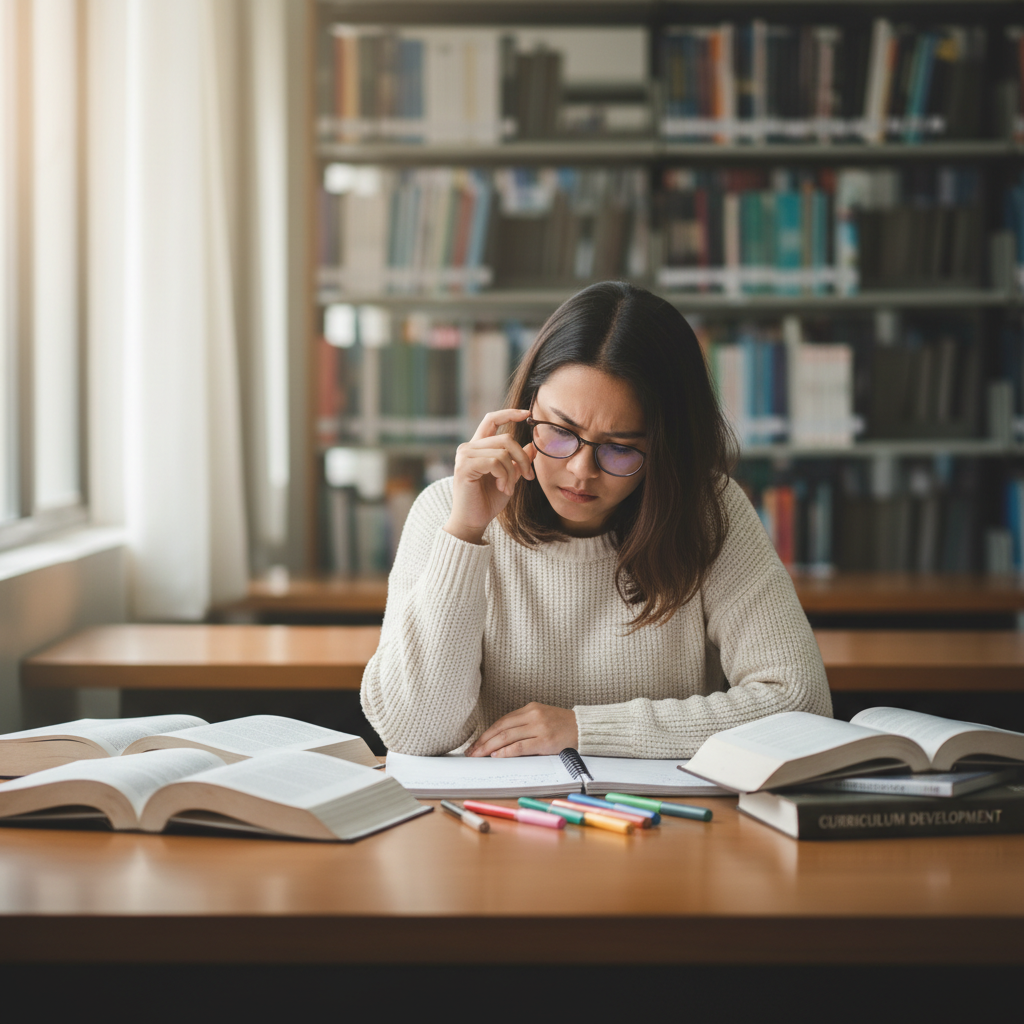 Student intensely focused reading at a library desk with warm lamp light, books and notes spread around