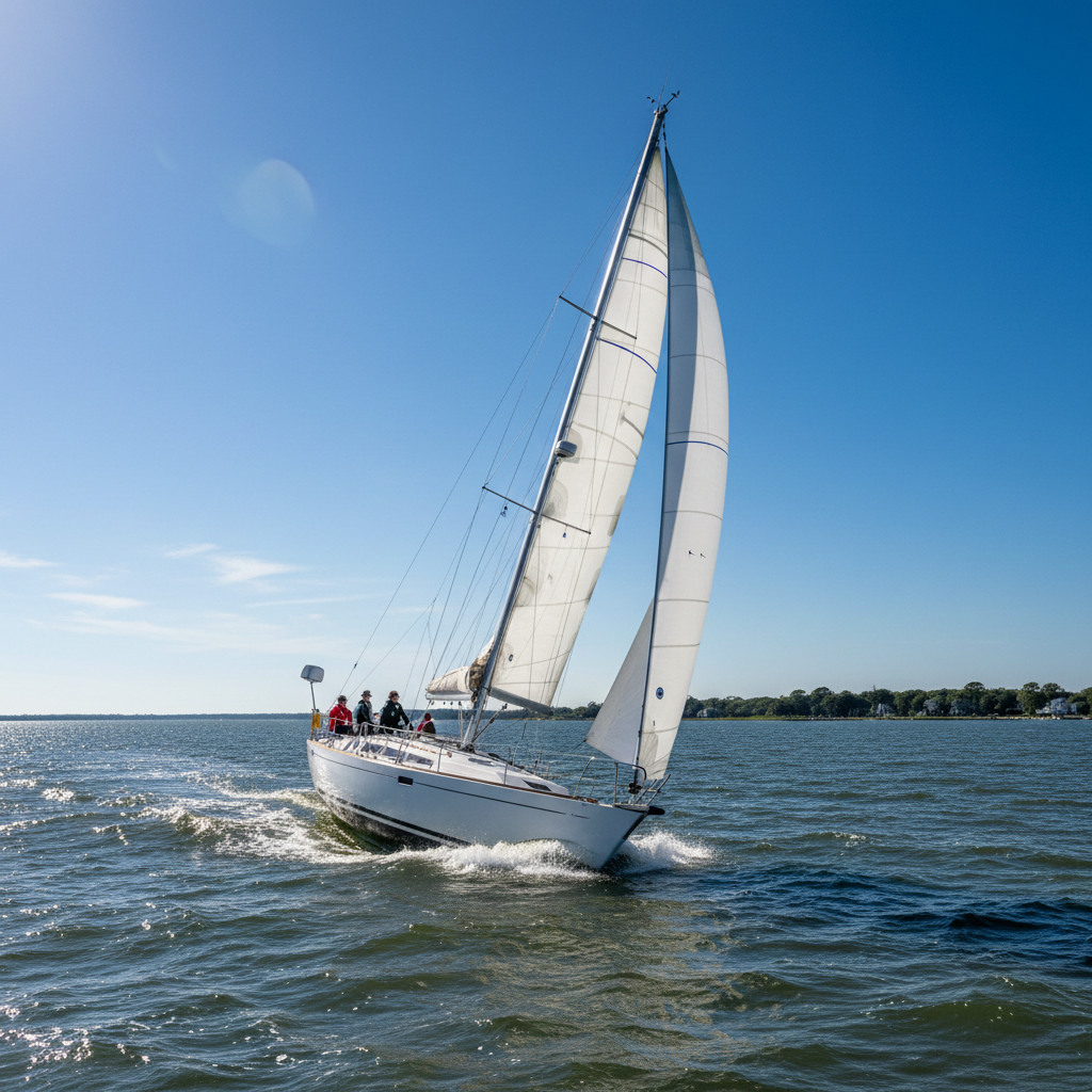 Catalina 445 sailboat heeling under full canvas in Chesapeake Bay, blue sky and white sails