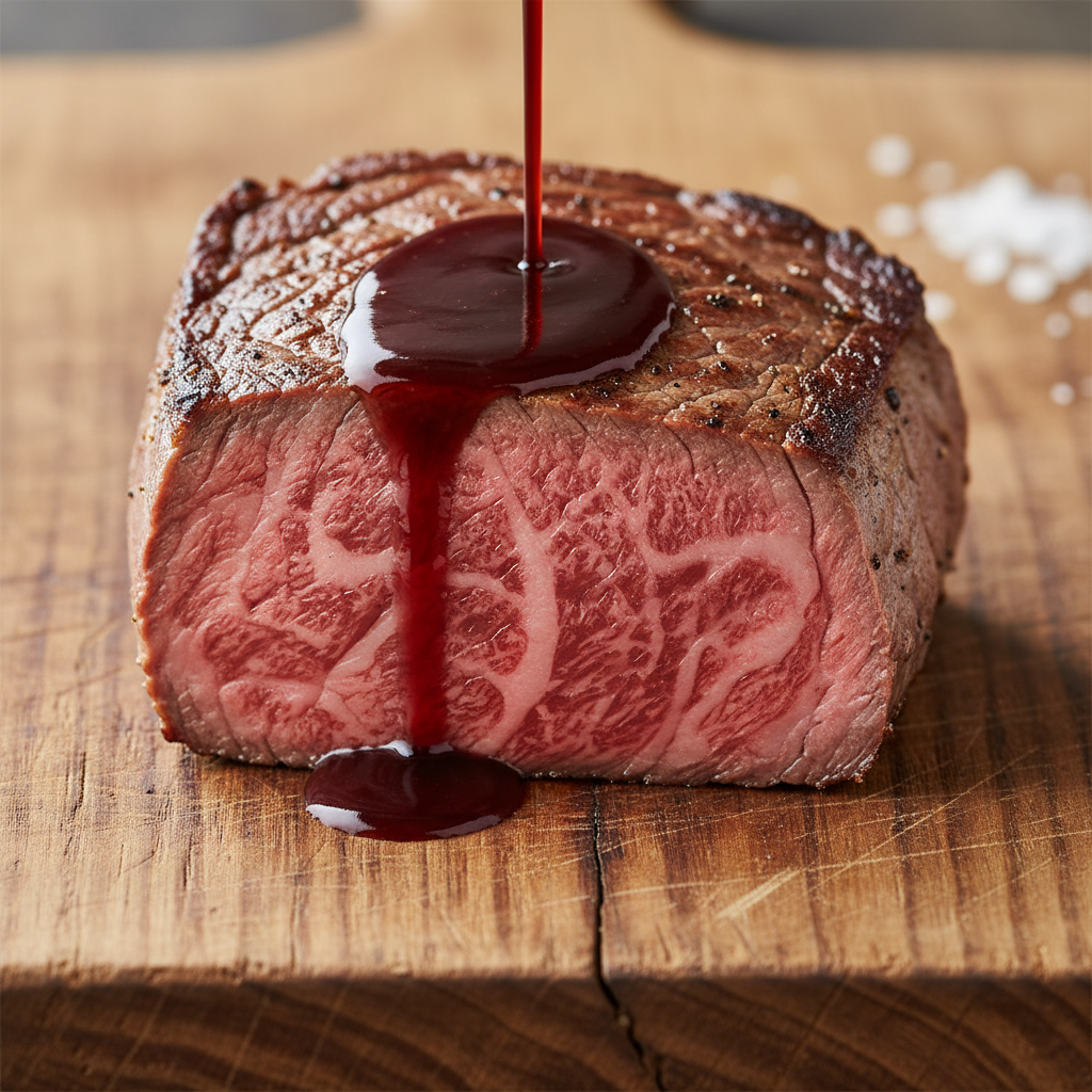 Close-up of perfectly seared wagyu beef with golden sauce reduction on dark slate plate, dramatic low-key lighting