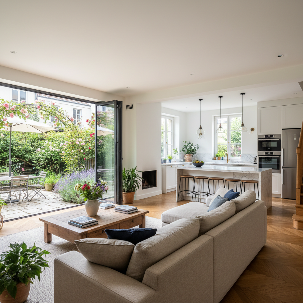 Welcoming Da Nang villa interior with open plan living, warm lighting, and lush tropical garden visible through sliding doors