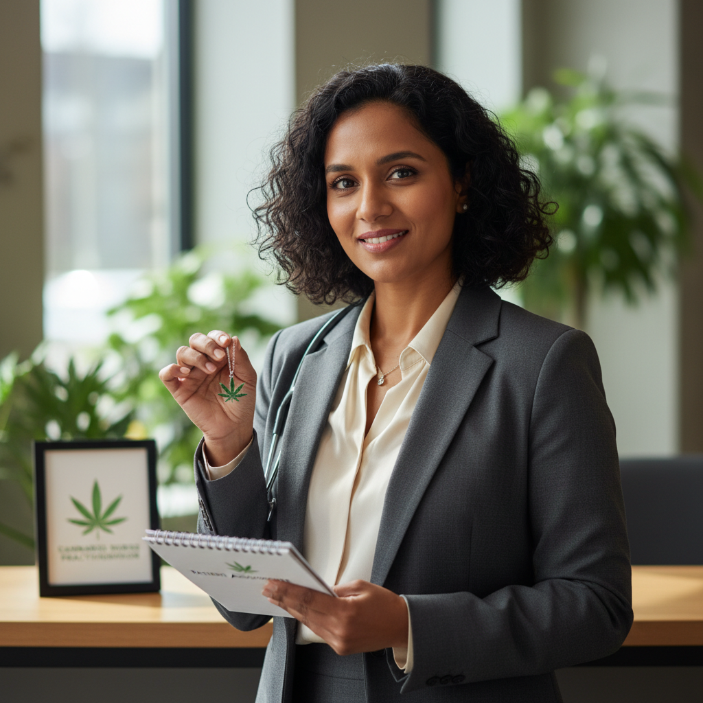 South Asian woman in professional attire, cannabis nurse practitioner and patient advocate