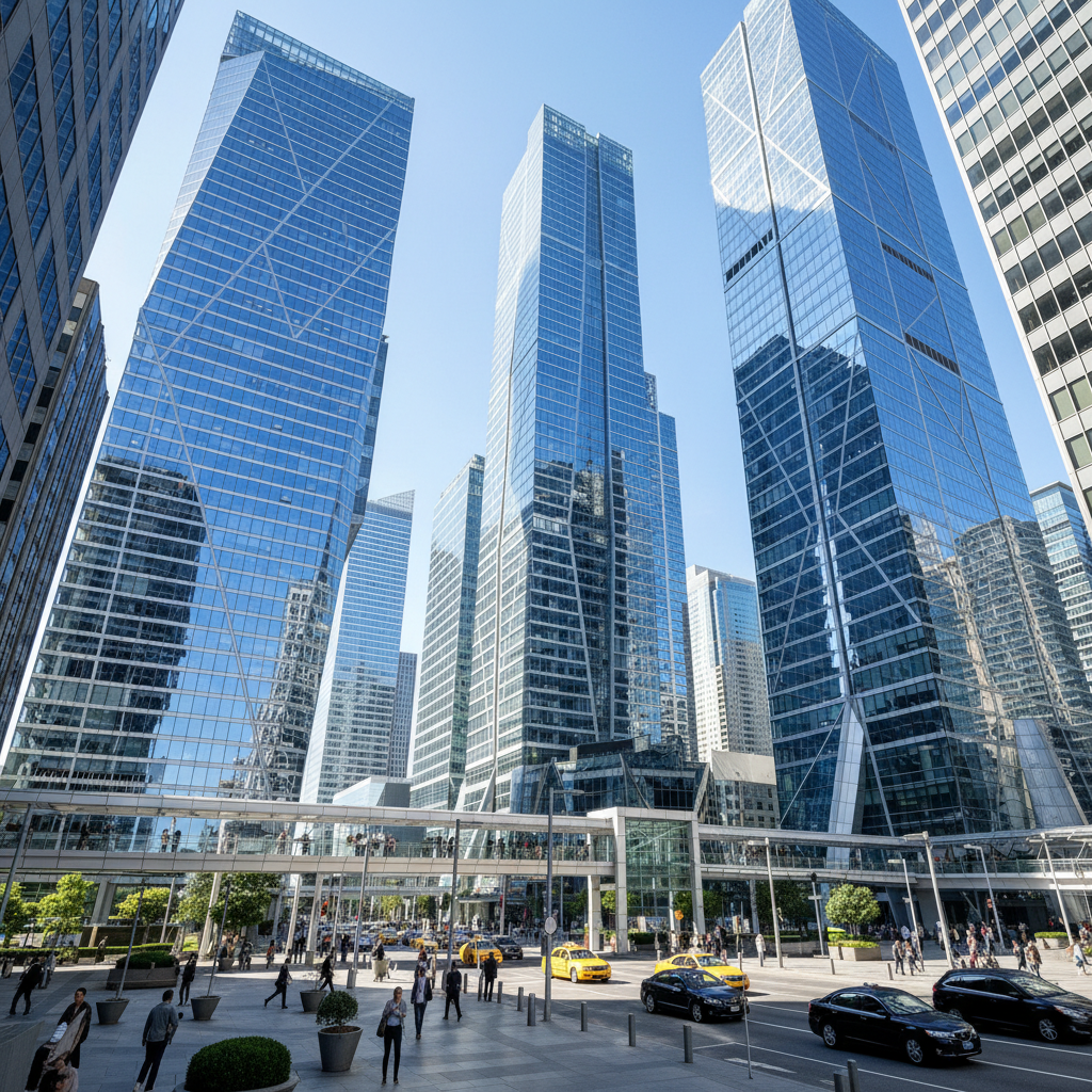 Modern corporate skyscrapers in a business district, executive corporate travel services