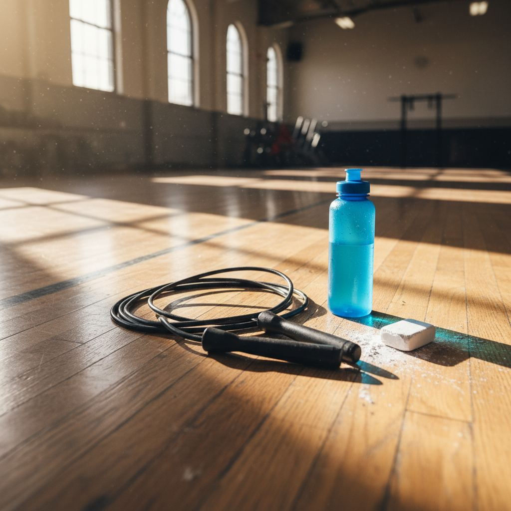 Jump rope laid on gym floor next to chalk and water bottle, fall morning setup