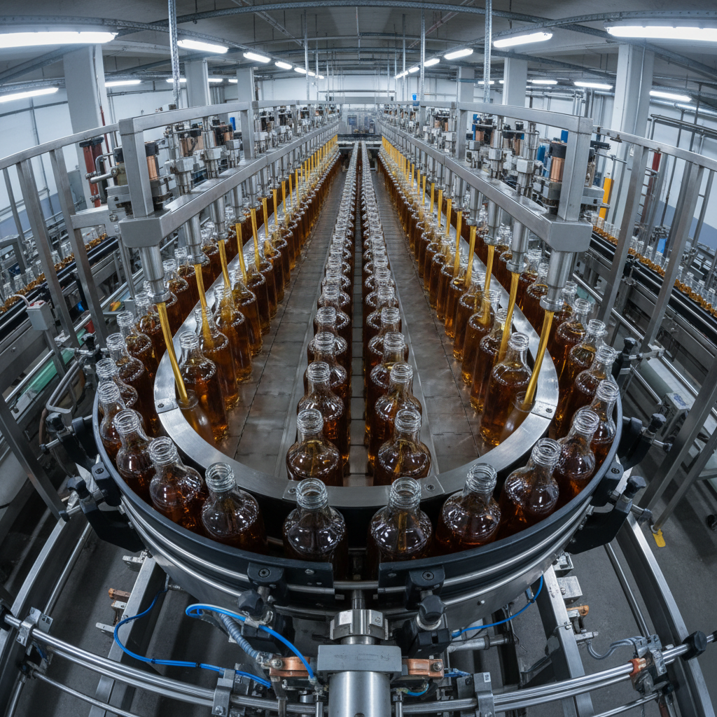 Overhead view of a high-speed bottling line with amber liquid filling clear bottles under fluorescent industrial lighting