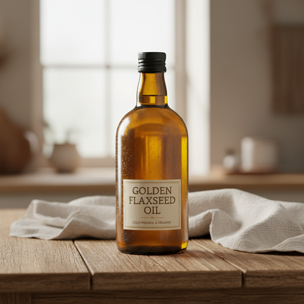 Golden sesame oil in a glass bottle on a wooden surface, warm amber light