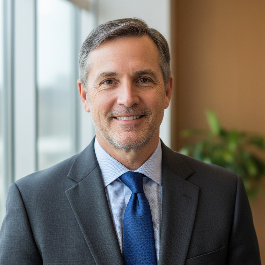Middle-aged professional European man, business casual, warm smile