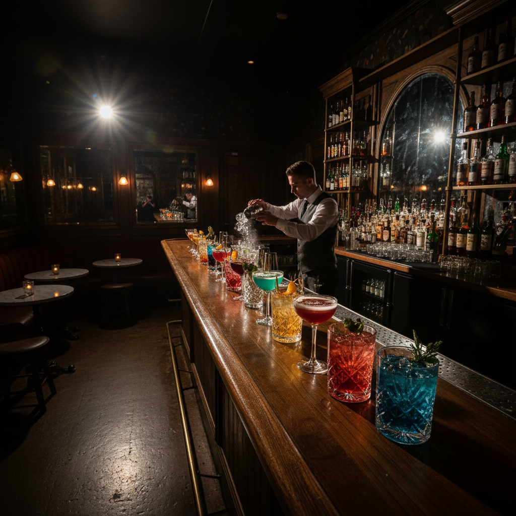 Speakeasy bar with crystal glasses and dramatic spotlight lighting on craft cocktails