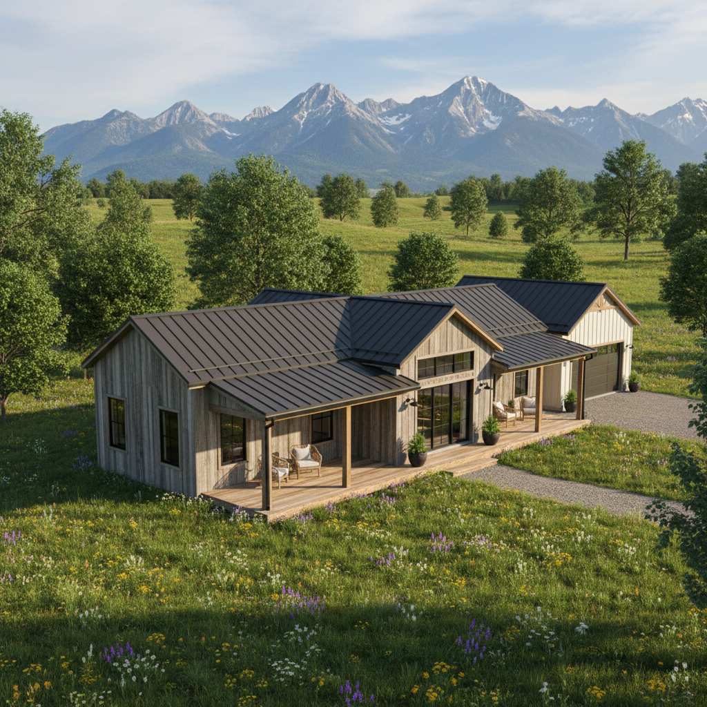 Modular farmhouse-style home on cleared rural acreage with mountain backdrop
