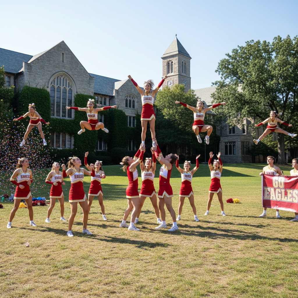 Cheerleaders in uniform performing a cheer routine outdoors, bright sunlit field, dark background shadow