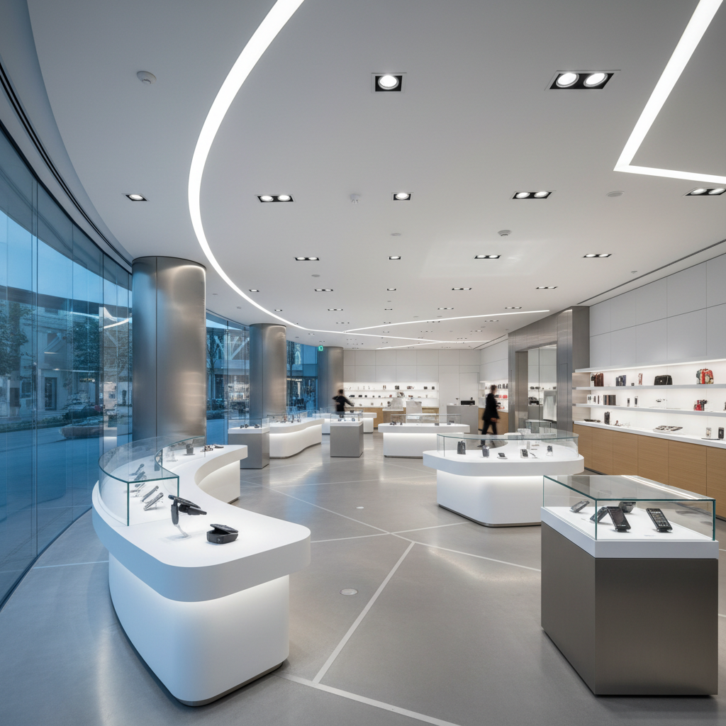 Wide angle shot of a modern retail store with curved shelving and dramatic overhead lighting