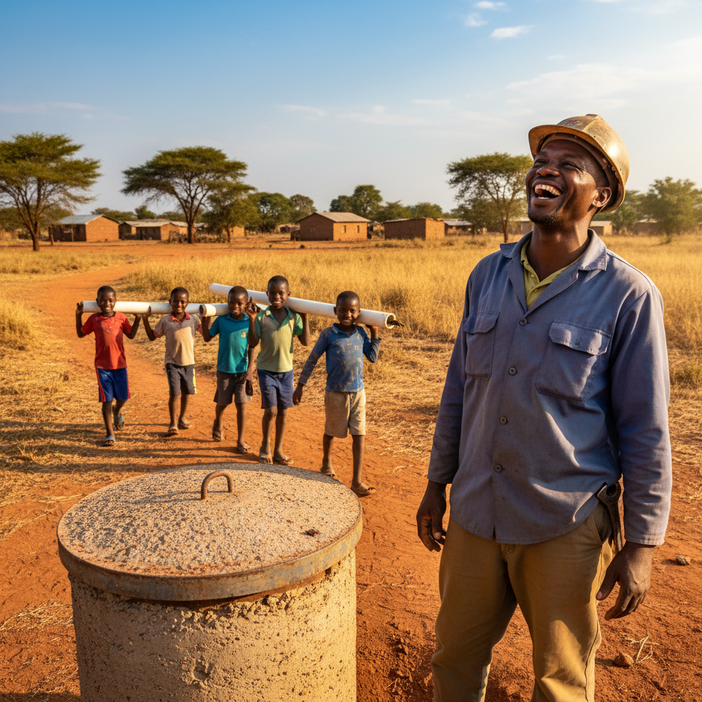 Local drilling engineer Elias Msangi mid-laugh beside a newly capped borehole in Dodoma, Tanzania, children carrying PVC pipe in the background