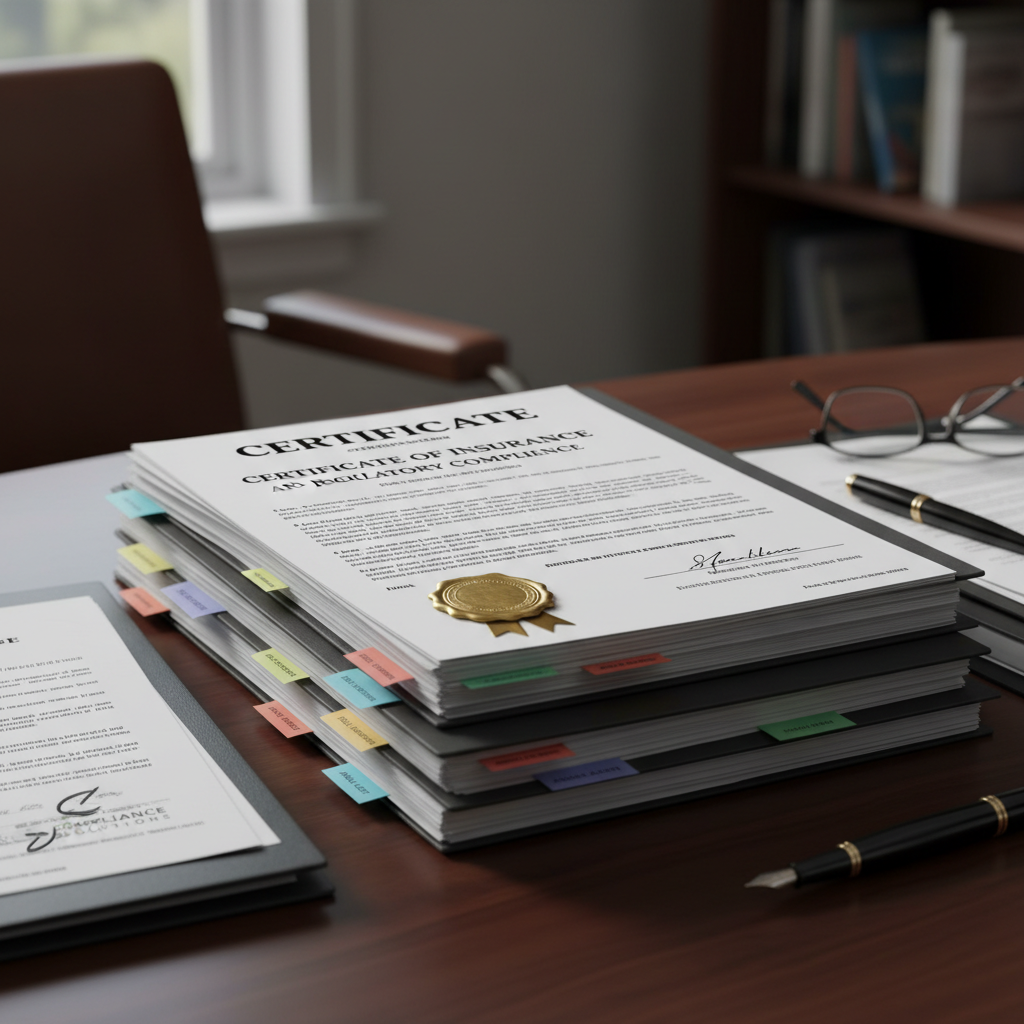 Close-up of official insurance and compliance documents on desk