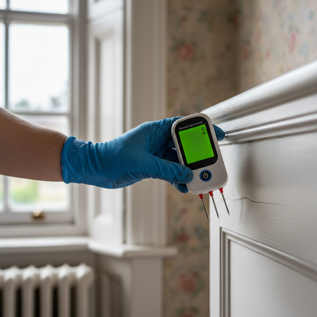Surveyor's gloved hand using a moisture meter along a Victorian skirting board, shallow depth of field with ambient daylight from a sash window