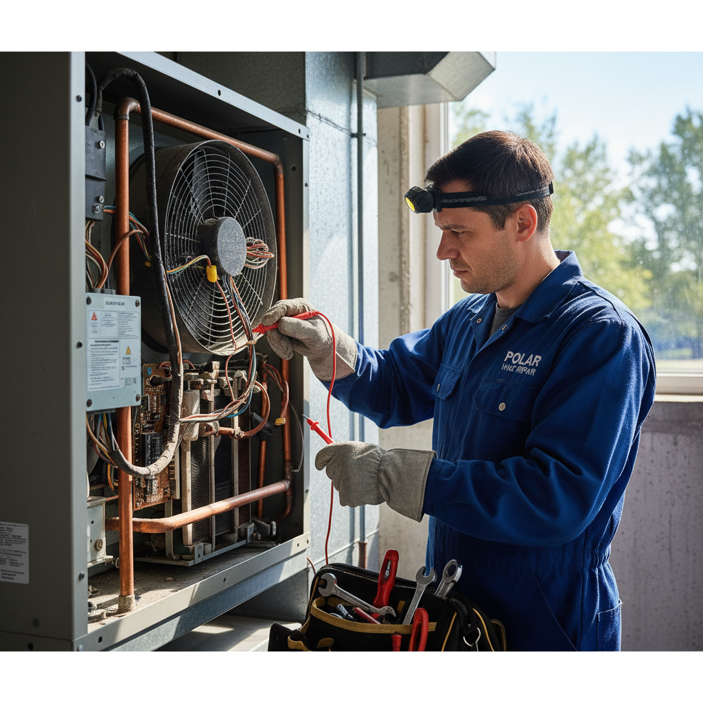 HVAC technician in work uniform servicing outdoor air conditioning unit on residential property