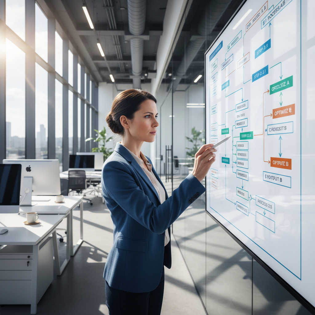 Process improvement consultant analyzing workflow diagrams in a bright, well-lit professional office