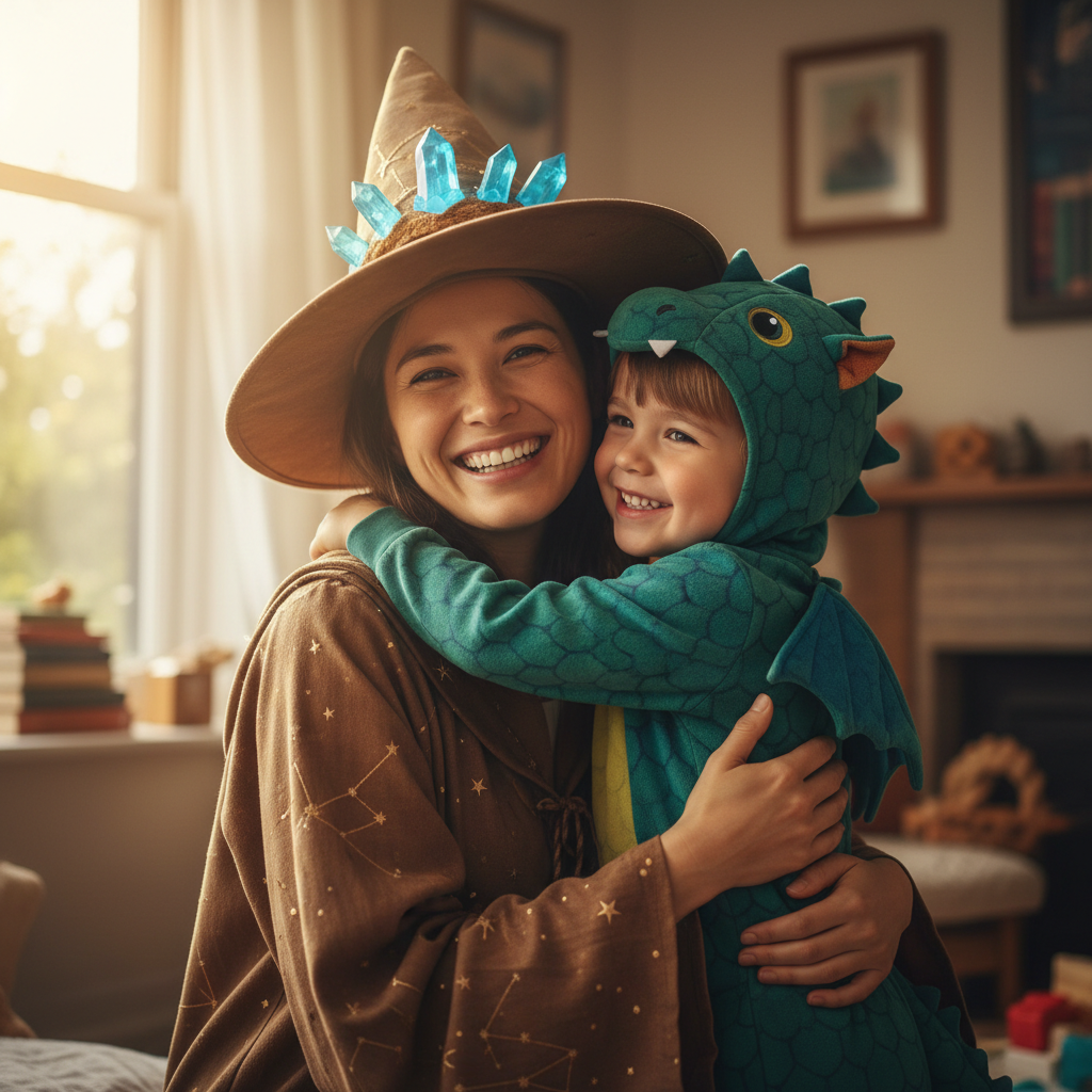 Parent hugging child in costume after recital, both beaming