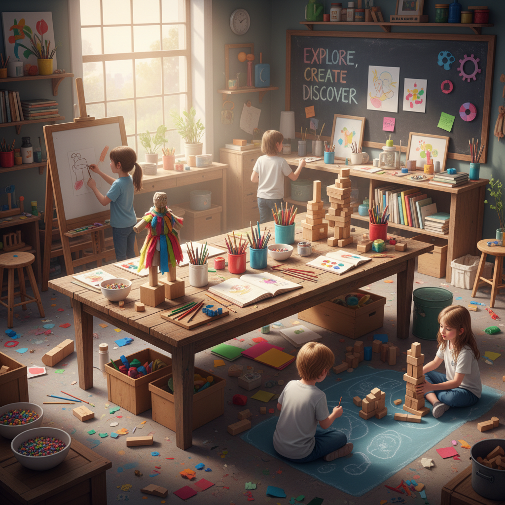 Children engaged in creative art activities indoors, warm studio lighting, colorful materials, dark painted walls, low-key atmospheric setting