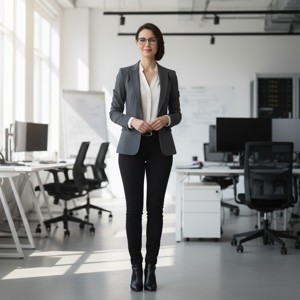 Professional logistics executive in modern office, business attire, bright well-lit corporate environment