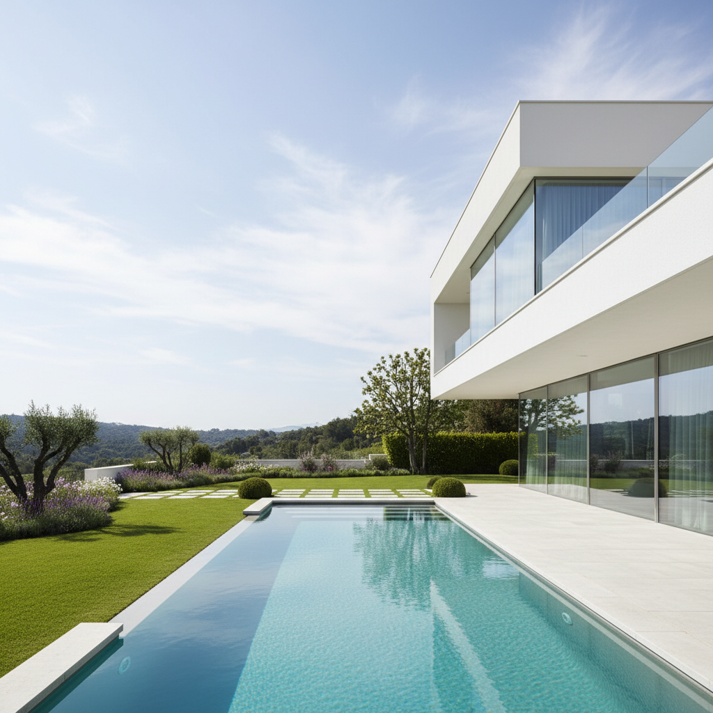 Luxury villa with private pool and sea view, bright modern architecture, white exterior, clear blue sky