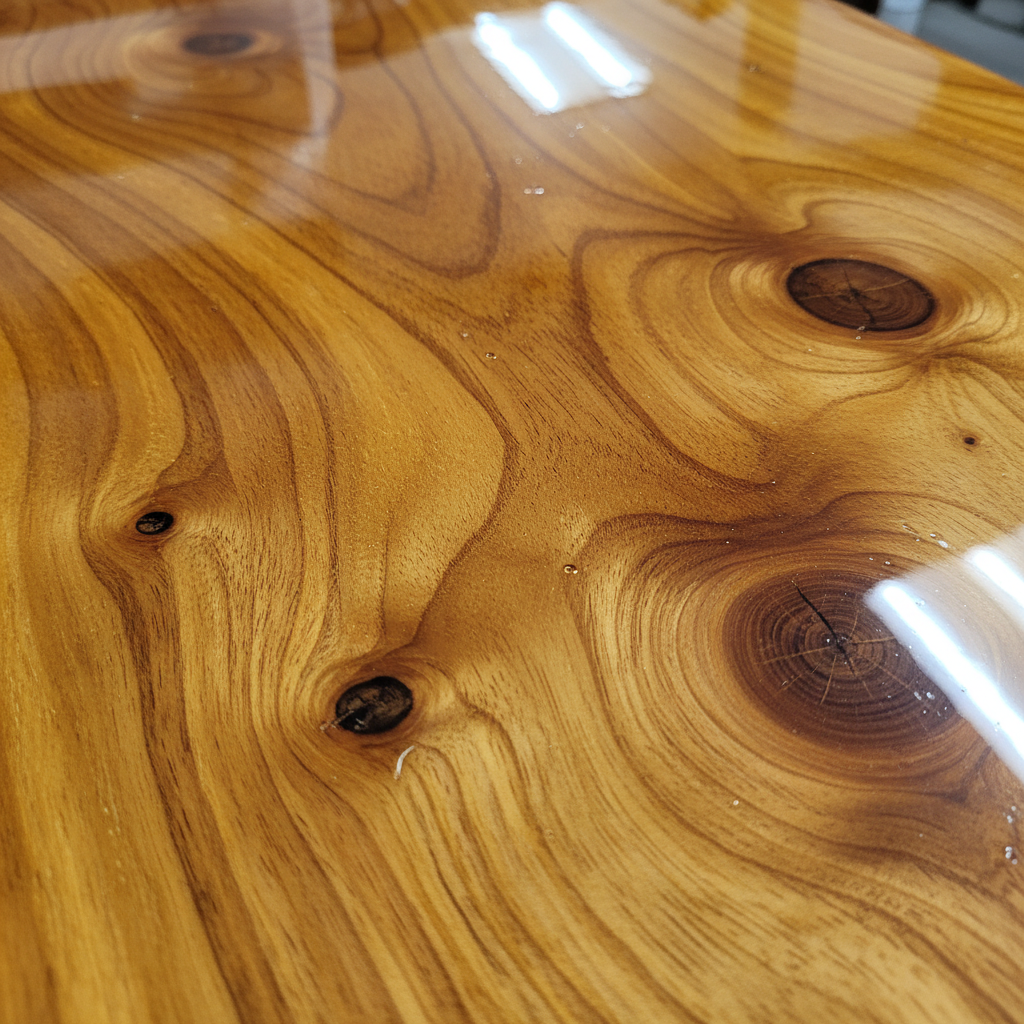Close-up of epoxy resin workbench top showing smooth amber finish and grain texture