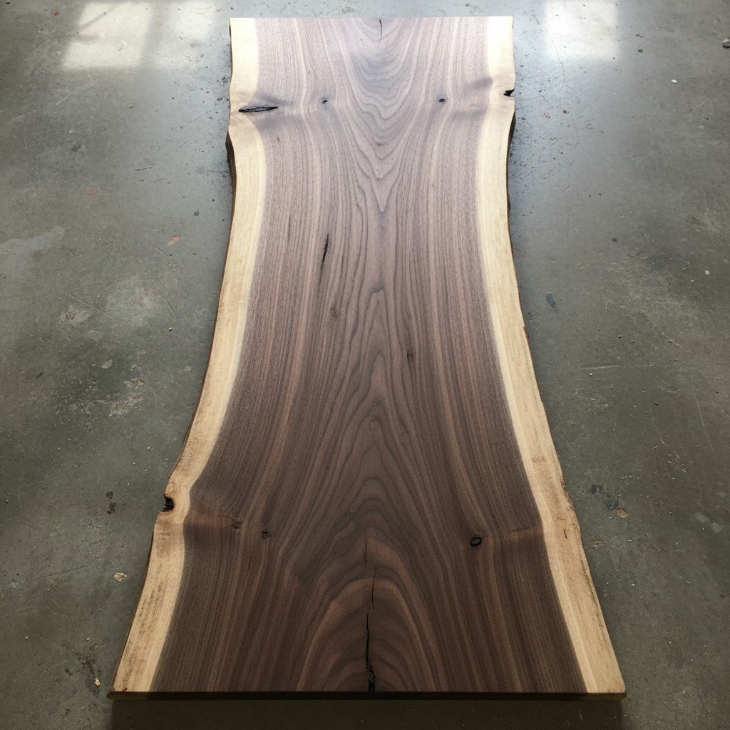 Walnut live edge dining table top viewed from above, showing full natural edge and grain pattern