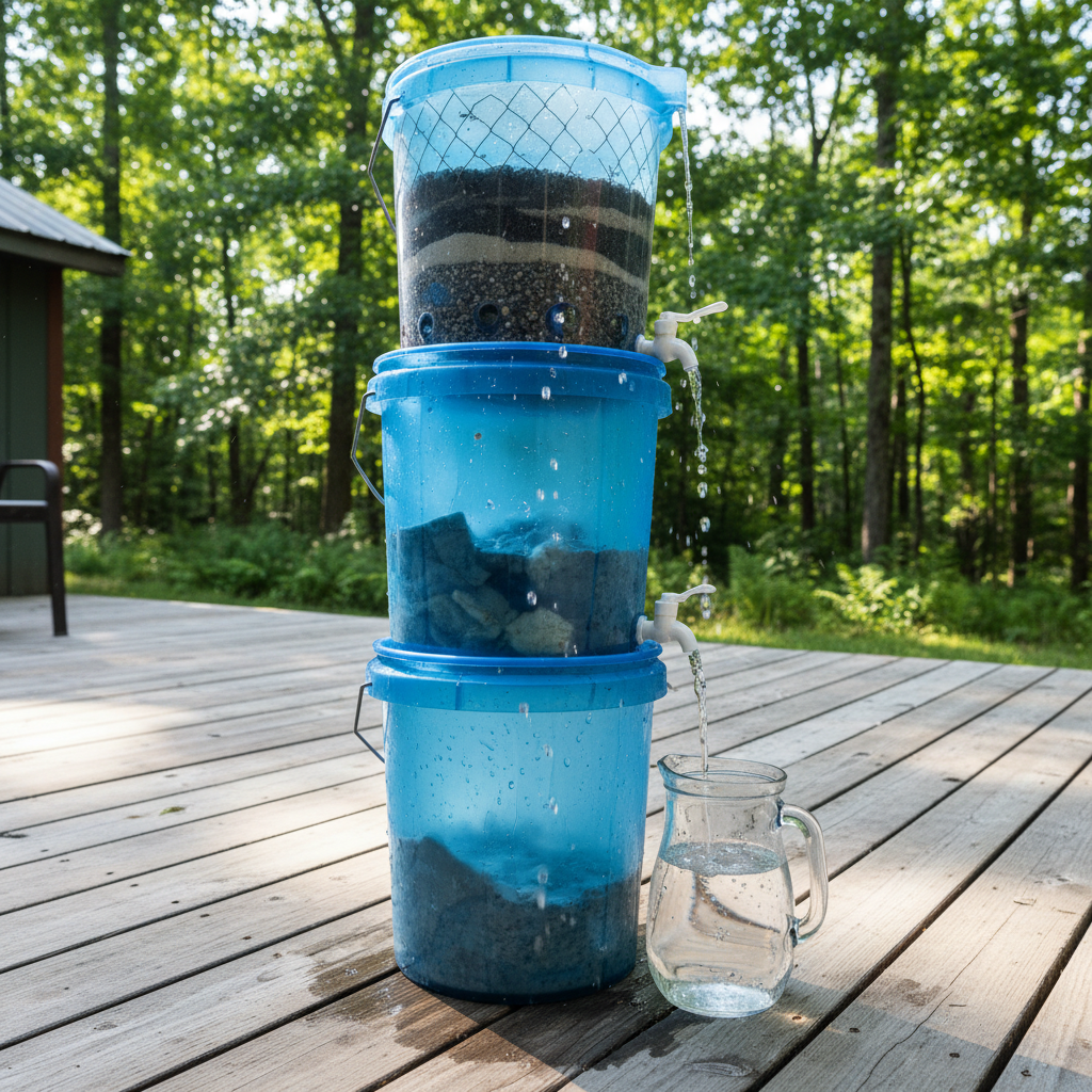 Clear water dripping through homemade filtration bucket system on wooden deck