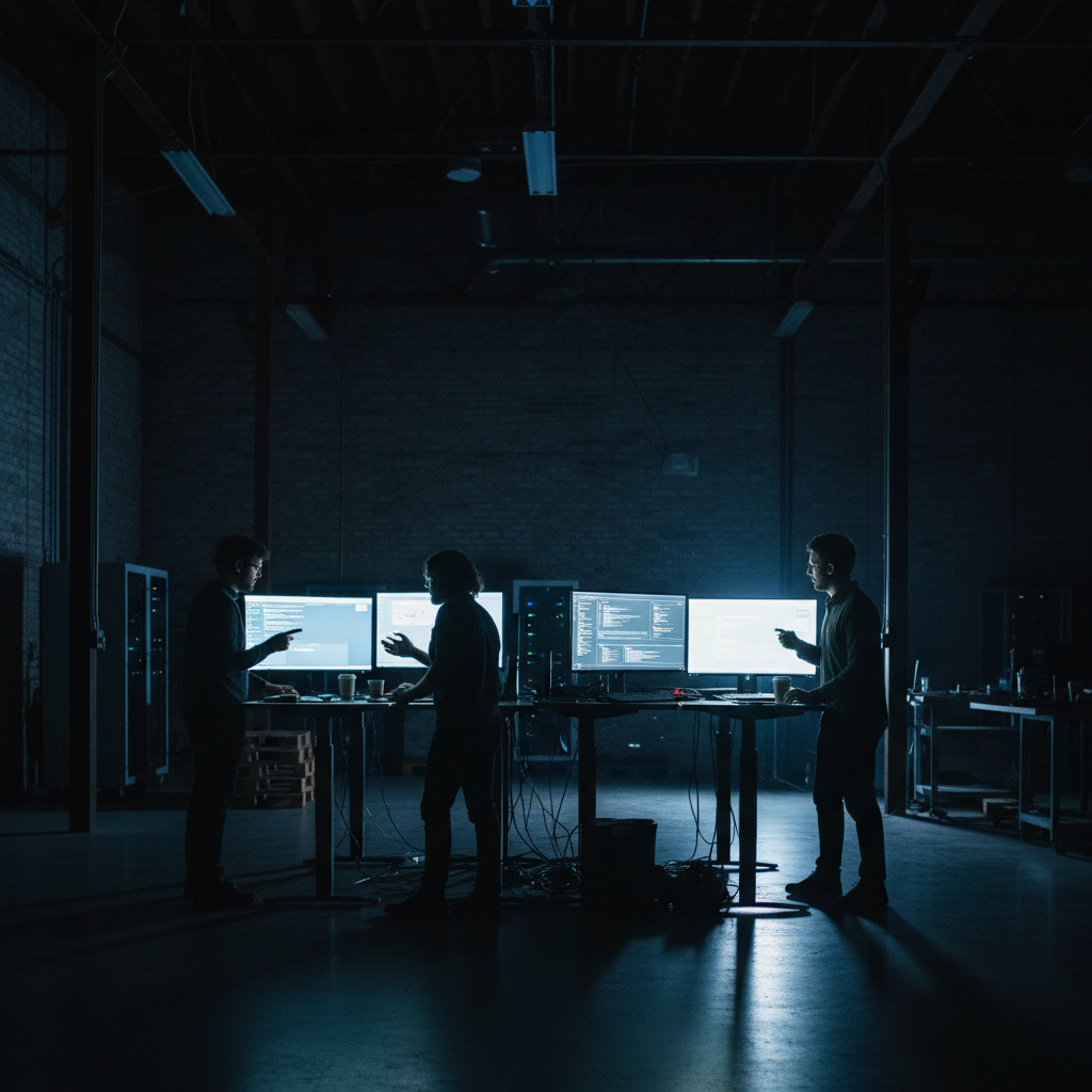 Founders collaborating at standing desks with multiple monitors glowing in the dark Launchpad warehouse space
